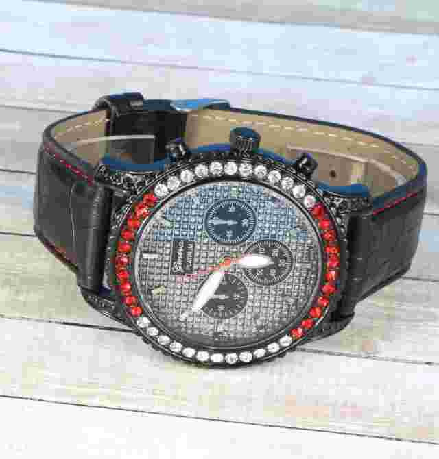 Men's Iced Luxury Bezel  Hip Hop Black Genuine Leather Band Watch