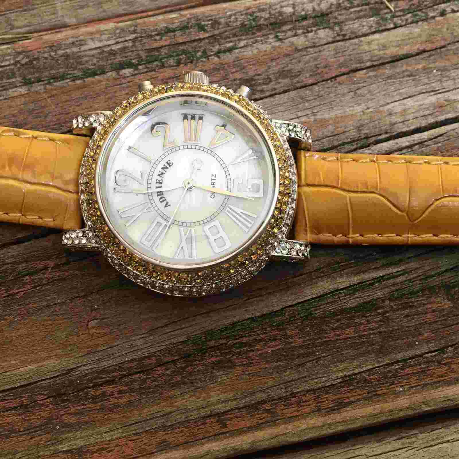 Adrienne Mustard Yellow Leather Band Watch  Needs Battery *1 Missing Stone N11