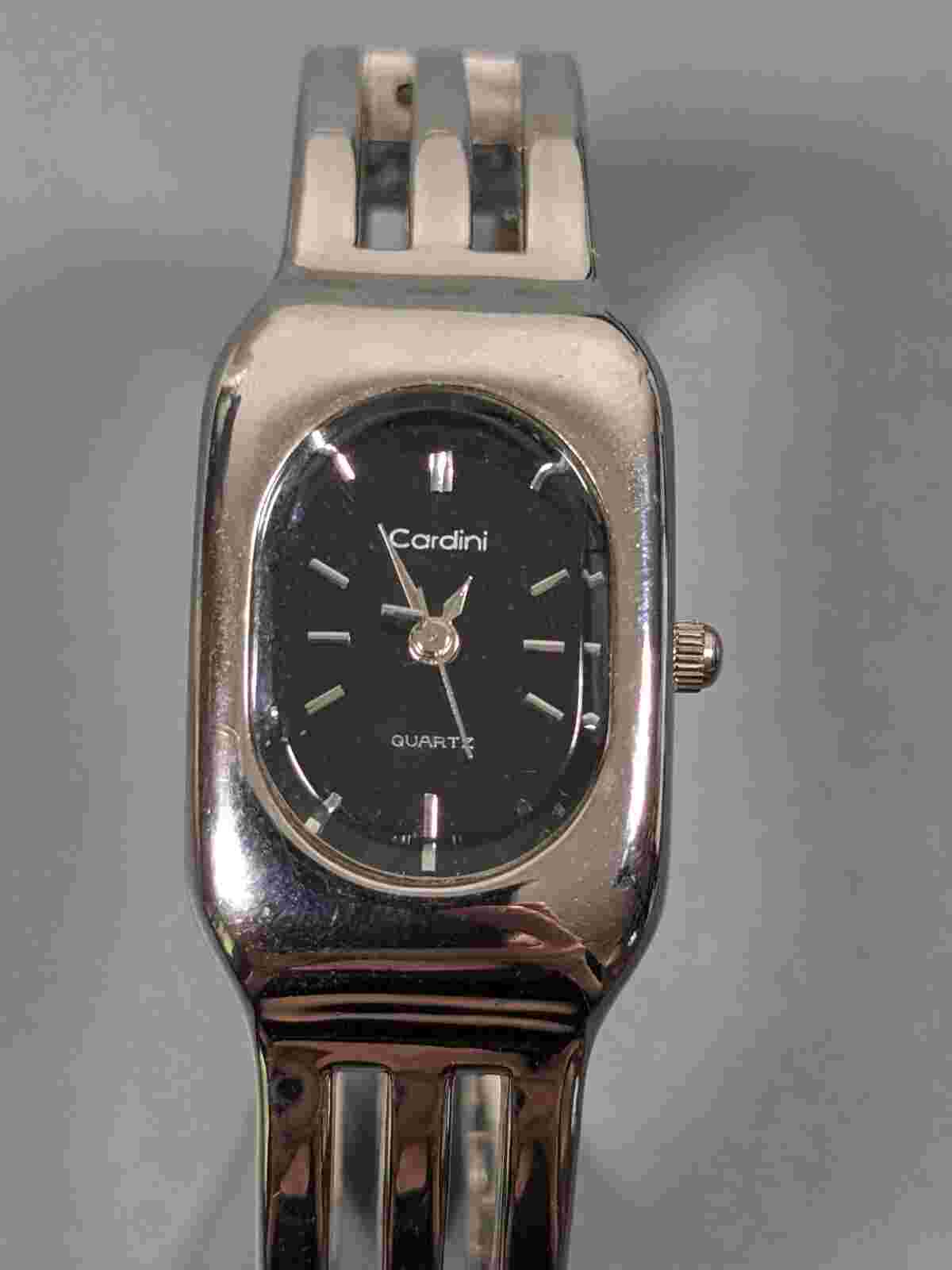 Cardini Black Oval Dial Silver Tone Bar Hinge Bangle Bracelet Watch 6 inch