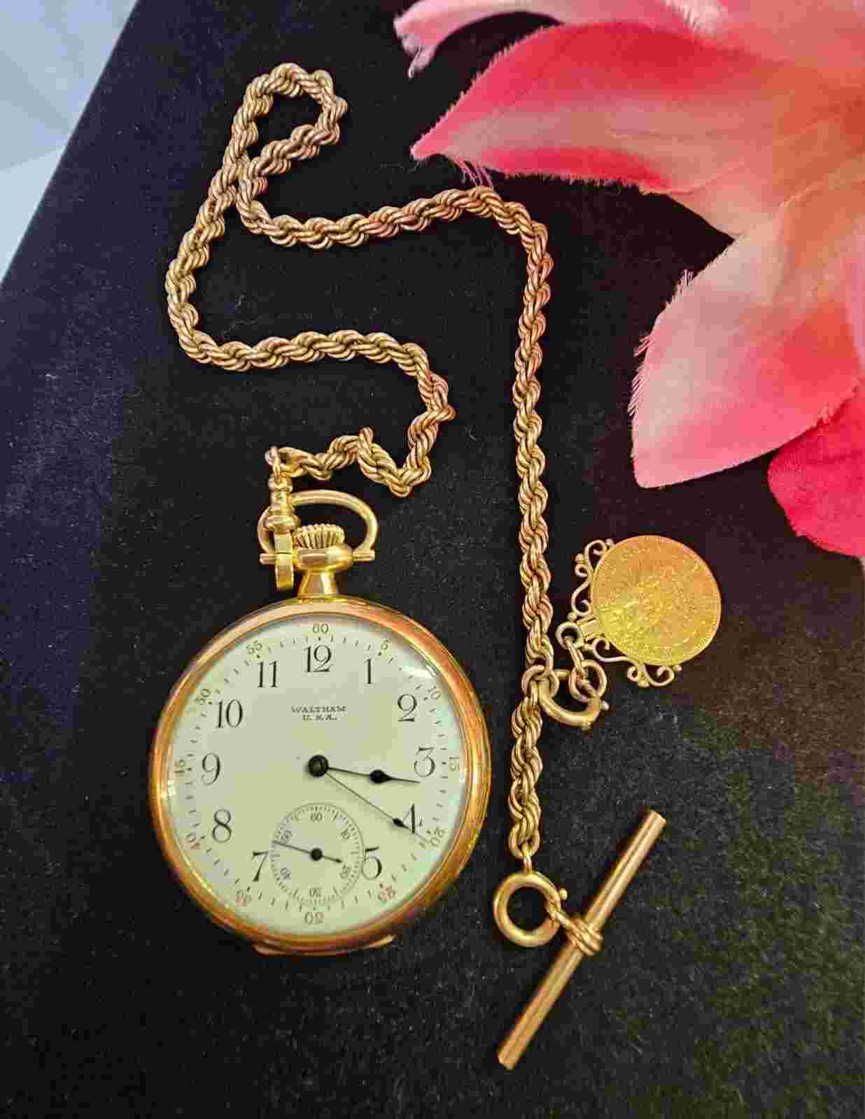 1916 Waltham USA 14k gold watch, 10k chain & 22k 1888 coin, Pocket Watch-145.27g