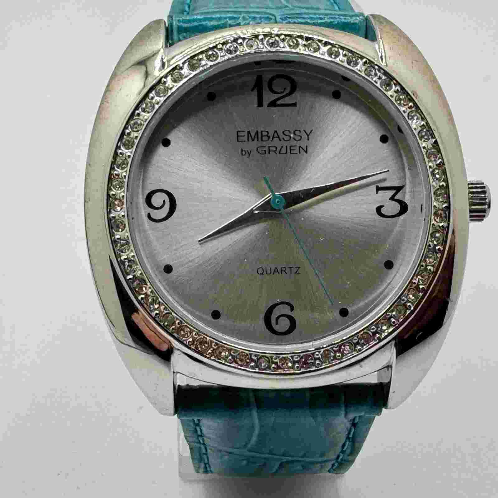 Embassy by Gruen Quartz Watch Women Silver Rhinestone Leather Analog New Battery