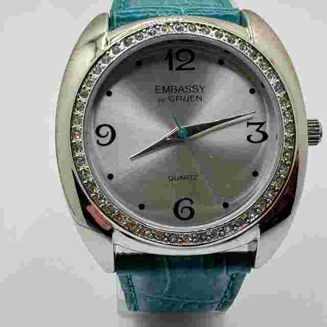 Embassy by Gruen Quartz Watch Women Silver Rhinestone Leather Analog New Battery