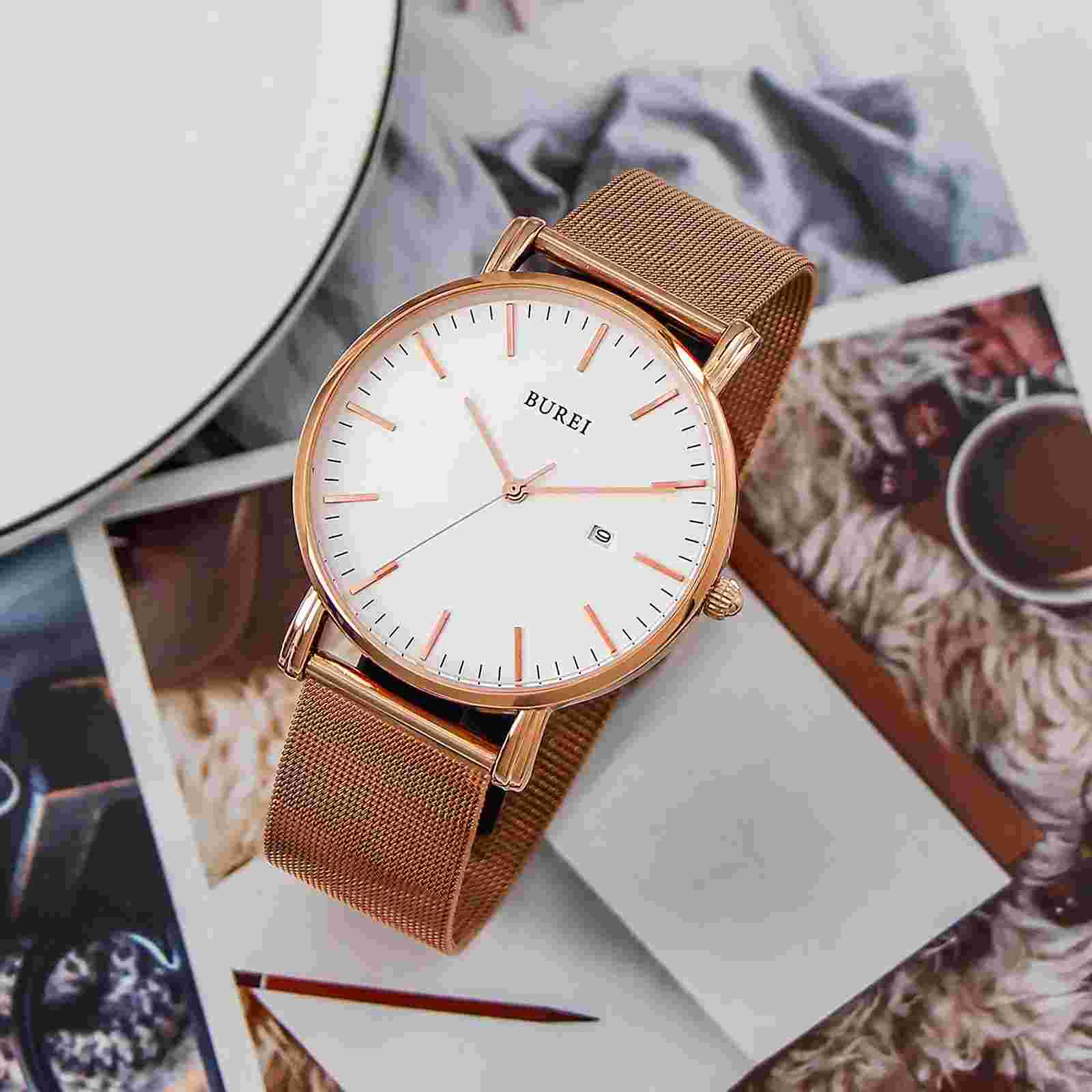 BUREI Men's Watch Japanese Quartz Stainless Steel Band, White Rose Gold, Superb