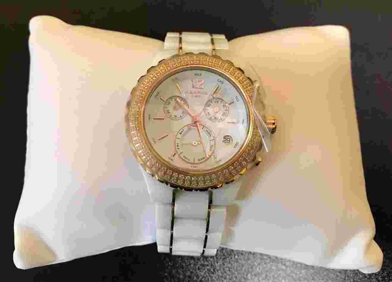 K&BROS Women's - 9151-2 - C-901 Watch Full Ceramic Stones Chronograph - White