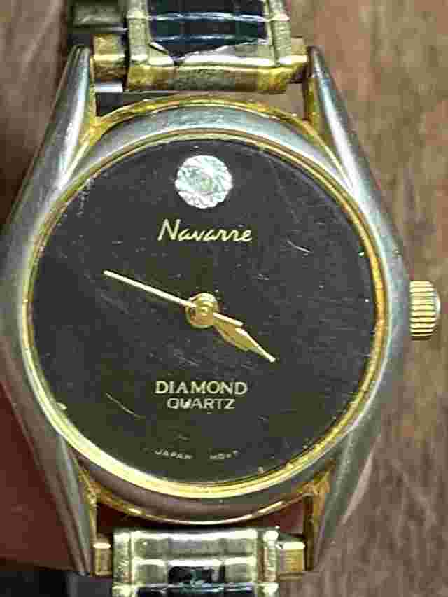 Navarre Diamond Quartz Watch, Gold Toned Black Round Face, Stone At 12