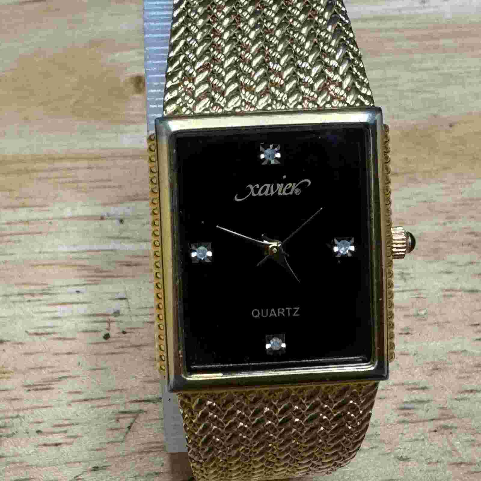 Xavier Quartz Watch Men Swiss Parts Gold Tone Black Rectangle Diamond New Batter