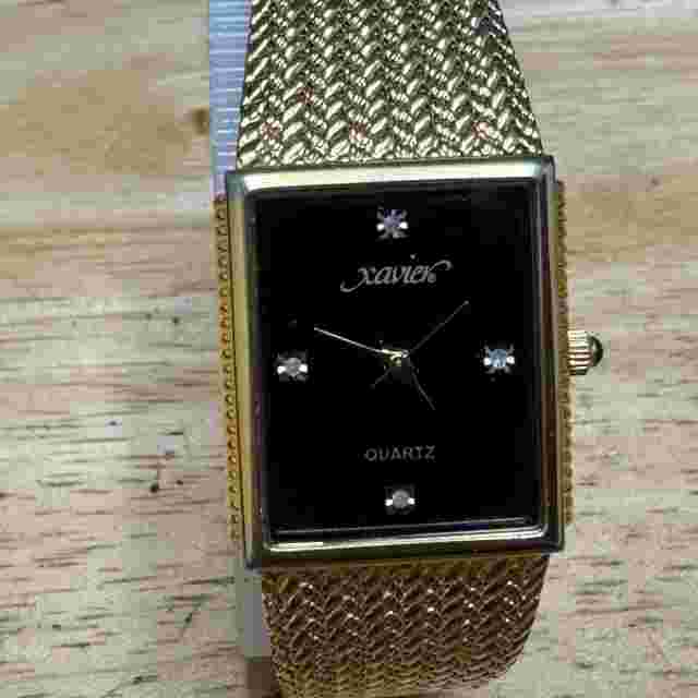 Xavier Quartz Watch Men Swiss Parts Gold Tone Black Rectangle Diamond New Batter