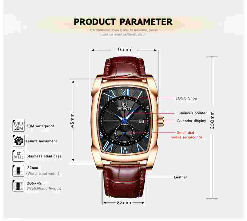 CHENXI Men Rectangle Watch Roman Numerals Male Fashion Leather Sport Wristwatch