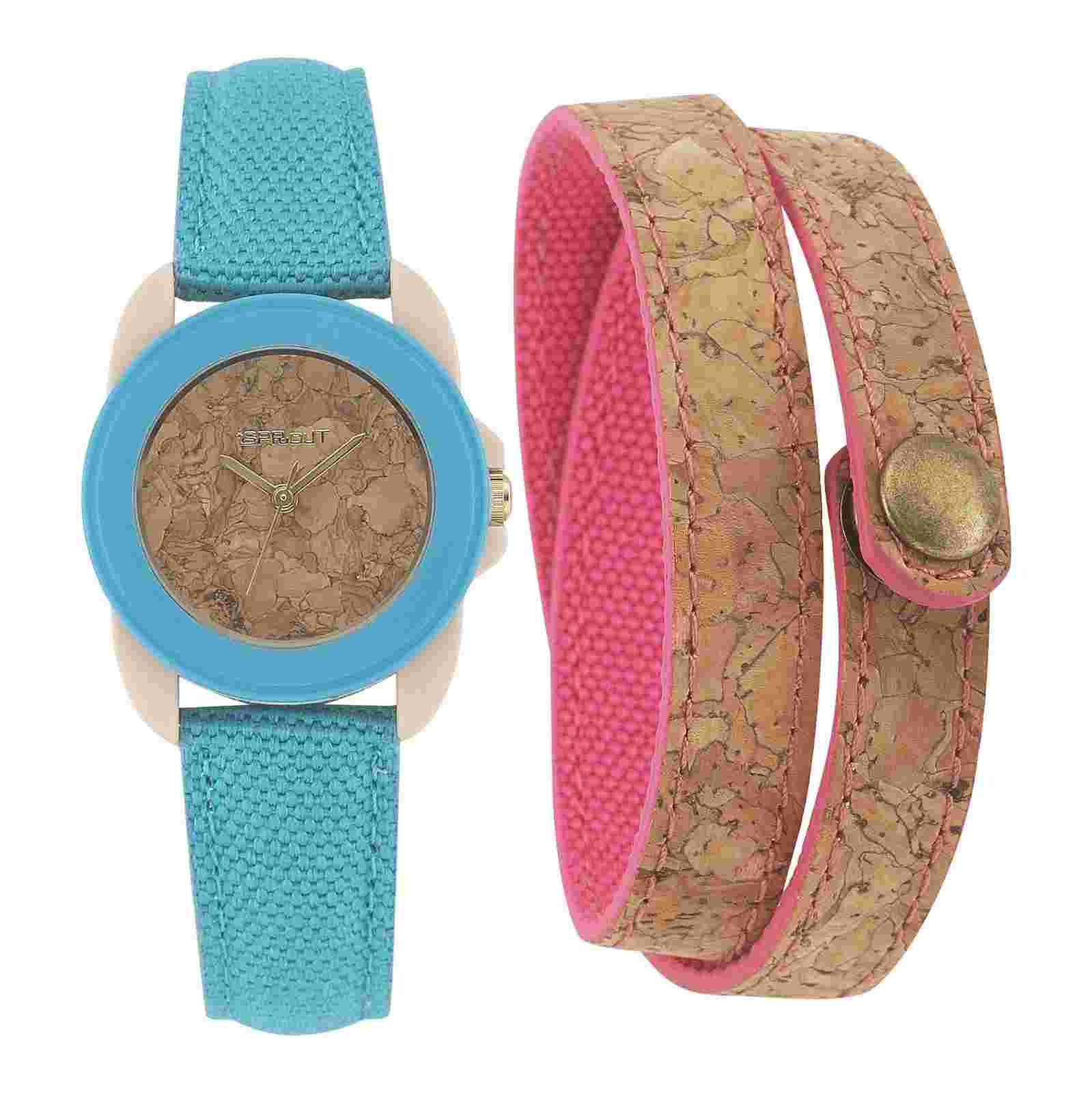 2 PC SPROUT PINK,BLUE,GREEN YELLOW,FABRIC CANVAS BAND+BRACELET SET WATCH-ST/1064
