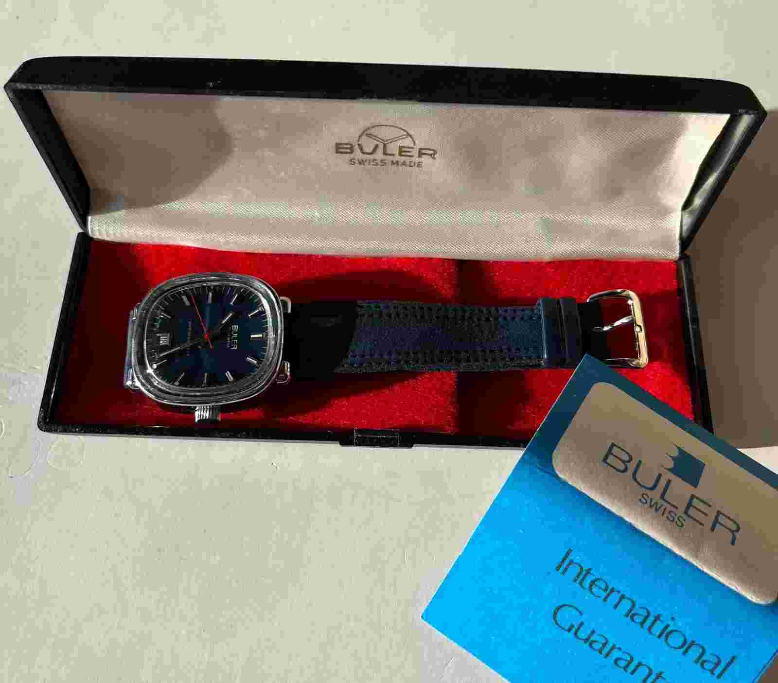 UN WORN vintage Gents BULER 17 Jewels automatic watch 13211 boxed NOS DATE