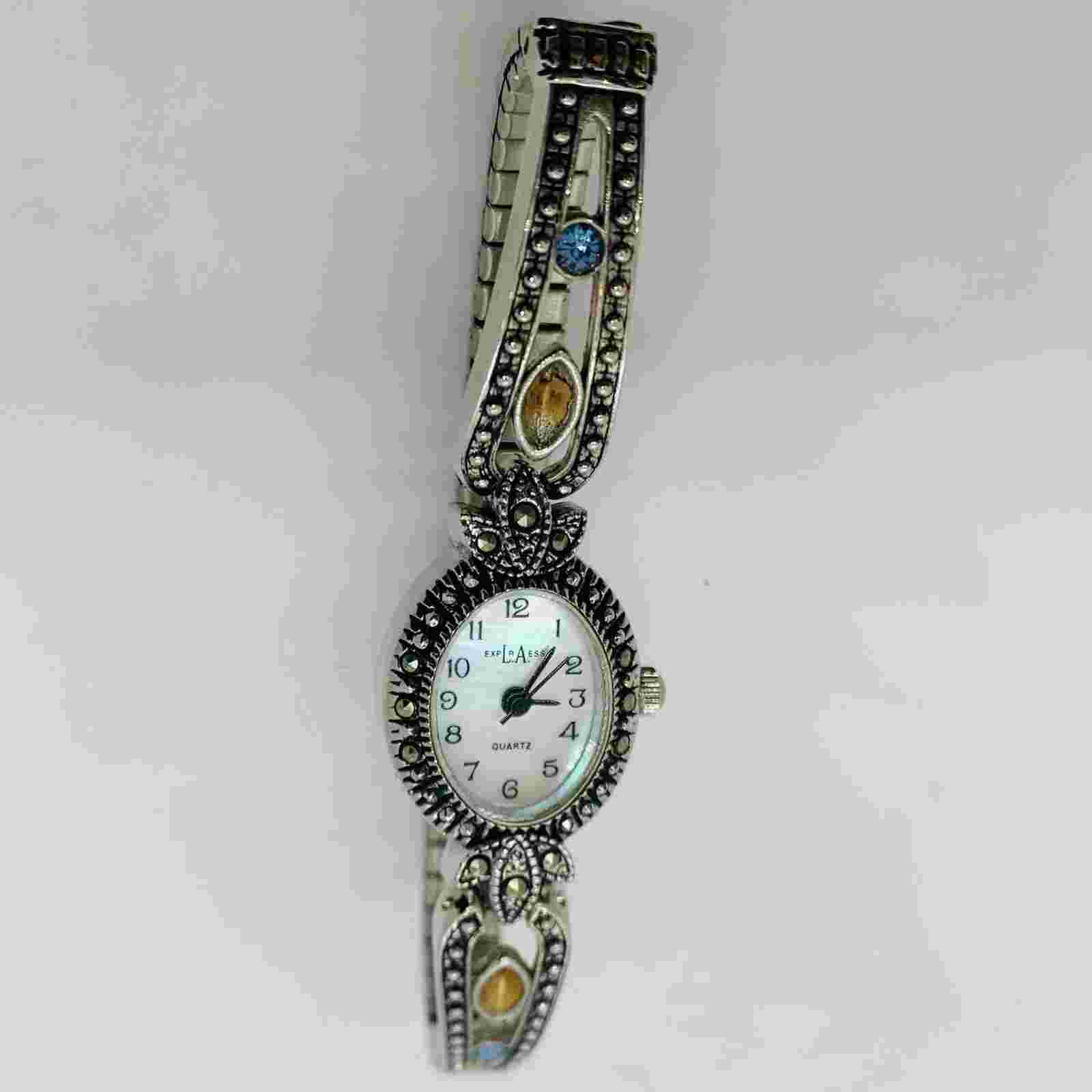 Ladies LA Express Fashion Watch Jewels Quartz Silver Tone Bezel Stainless Steel