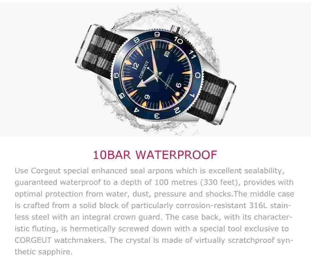 CORGEUT 2013B Sapphire Crystal Automatic 100M SS Blue Dial And bezel W/ NATO St
