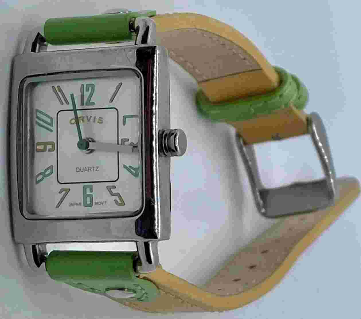 NEW ORVIS Ladies Watch Fresh Battery  Green/Gold Leather Silver Rectangle WR3ATM