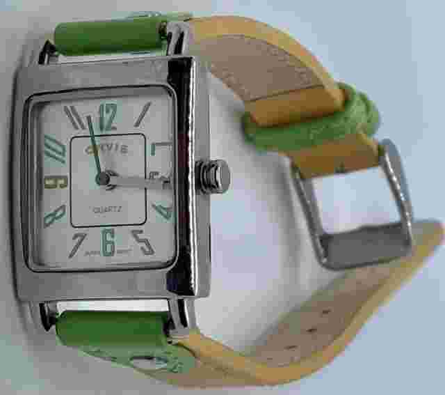 NEW ORVIS Ladies Watch Fresh Battery  Green/Gold Leather Silver Rectangle WR3ATM