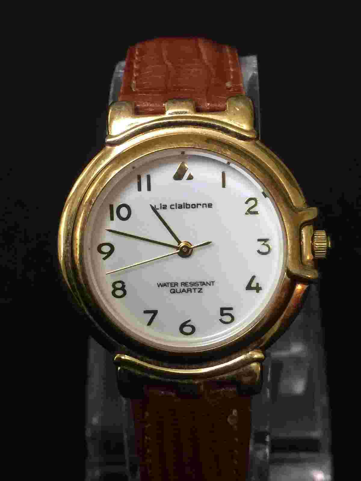 liz claiborne, Quartz Ladies Watch White Face Easy Reader Number,Brown leather