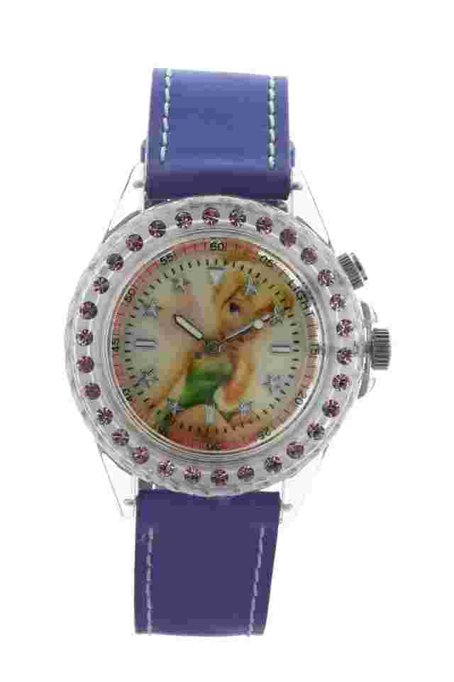 Girls cute DISNEY Tinkerbell watch purple leather band, purple crystals on bezel