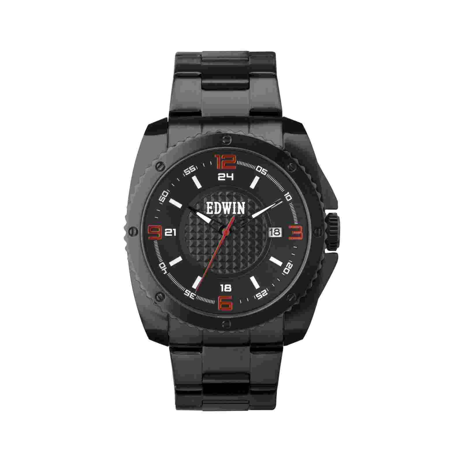 Edwin Emerge Men's 3 Hand-date Watch Black Stainless Steel Case and Band