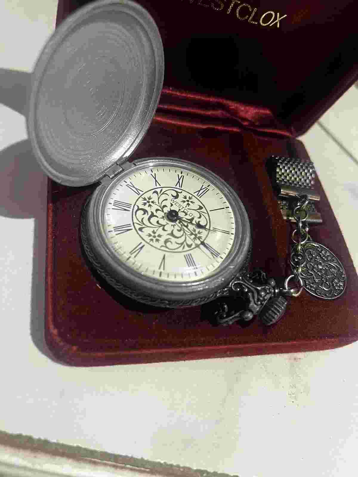 Vintage 1970’s Westclox Train Pocket Watch & Chain w/Original Box
