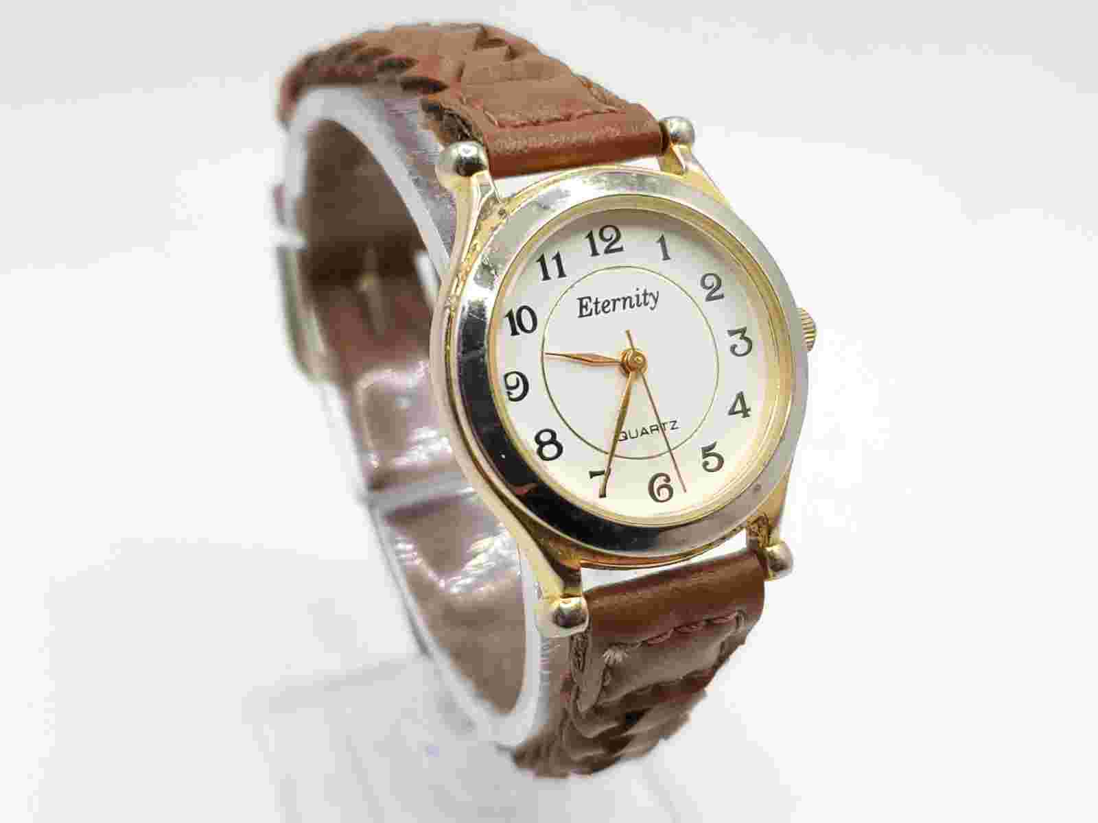 Eternity Quartz Watch Womens New Battery Gold Tone Brown Laced Band 27mm
