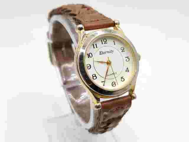 Eternity Quartz Watch Womens New Battery Gold Tone Brown Laced Band 27mm