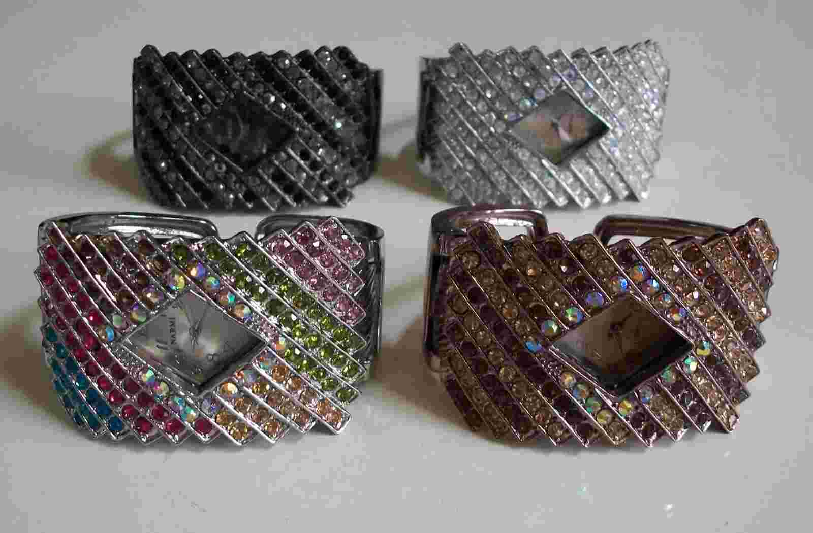 Women silver, bronze, multicolor finish stone party bridal bangle fashion watch