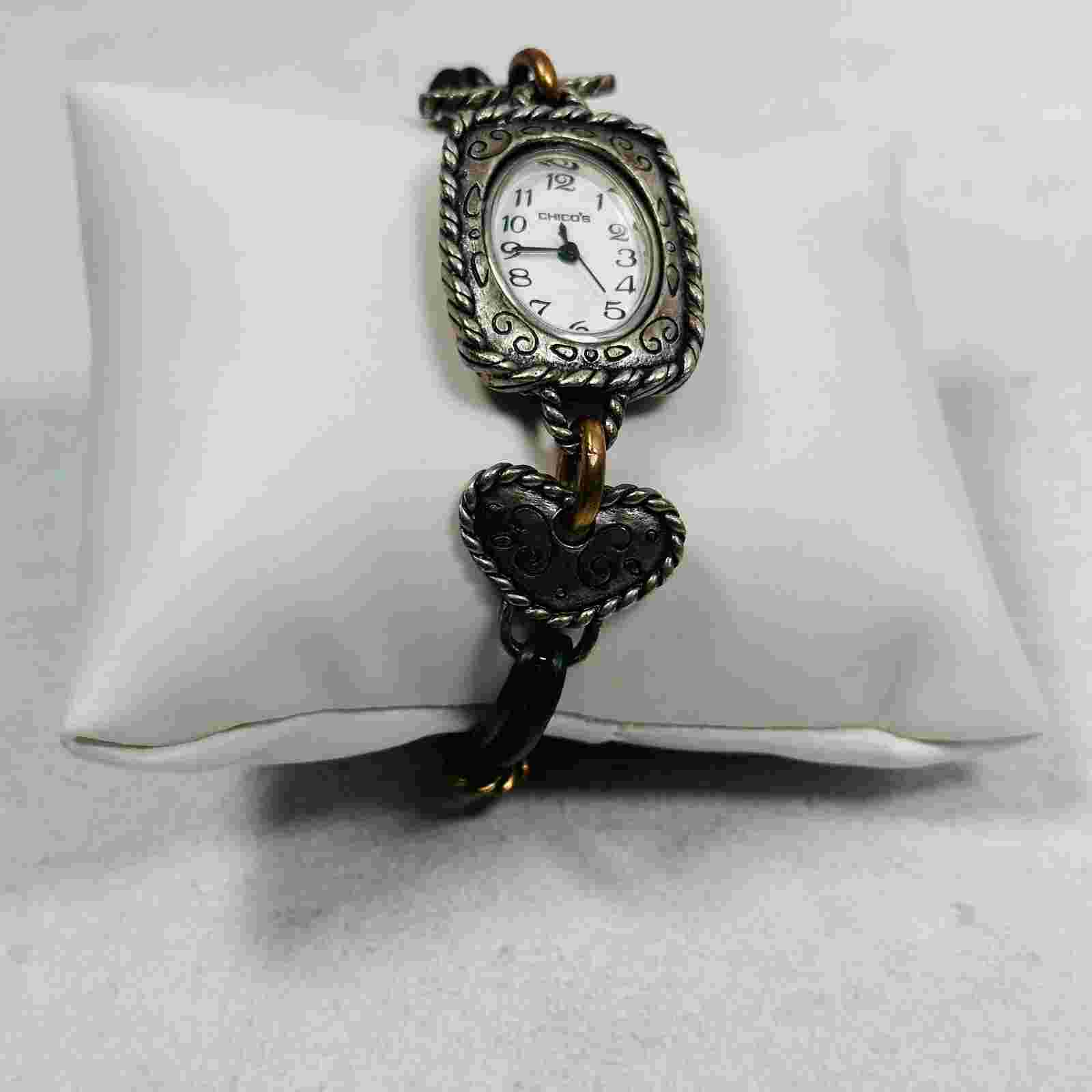 Chicos Watch Bracelet 24mm Hearts Etched Mixed Tone Magnetic Clasp New Battery