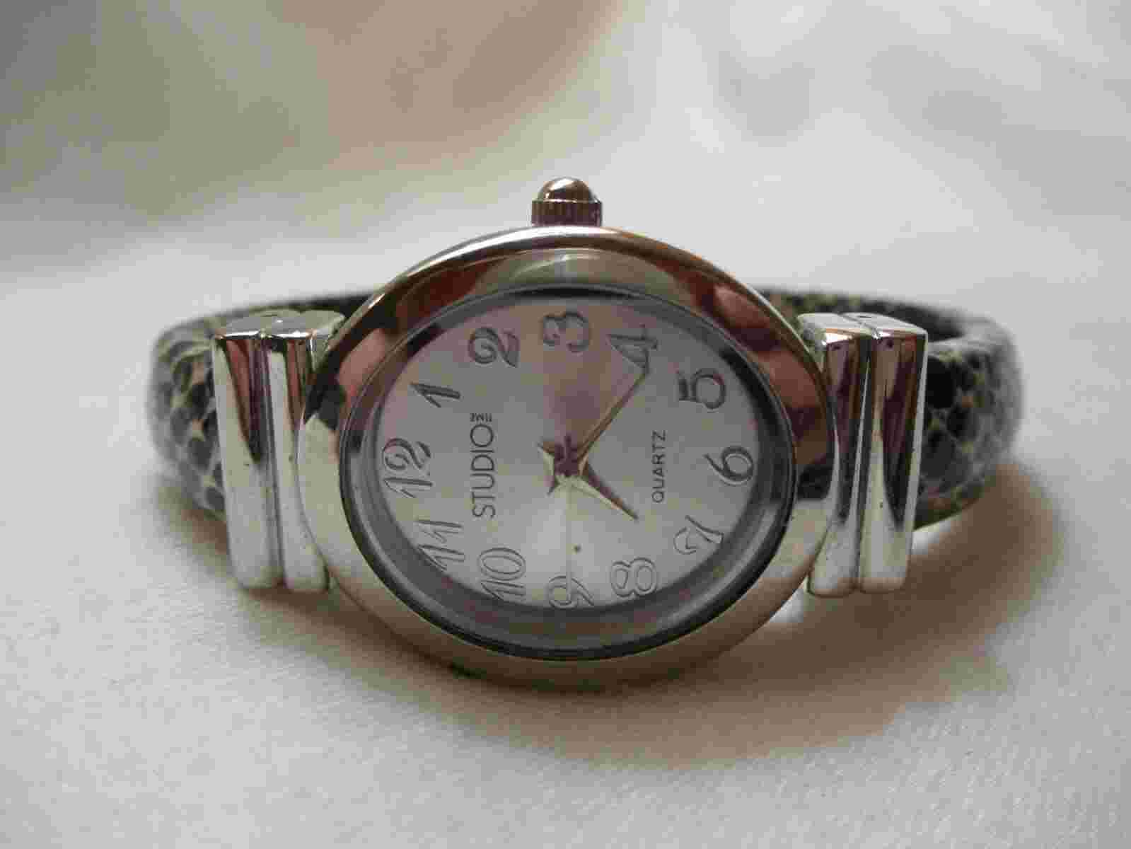 Studio TIME Wristwatch Oval Shaped Silver Tone Face Black Cuff Band
