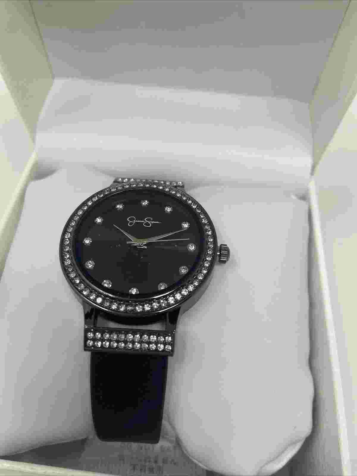 Jessica Simpson Ladies Rhinestone Watch Black Dial Black Band No Battery