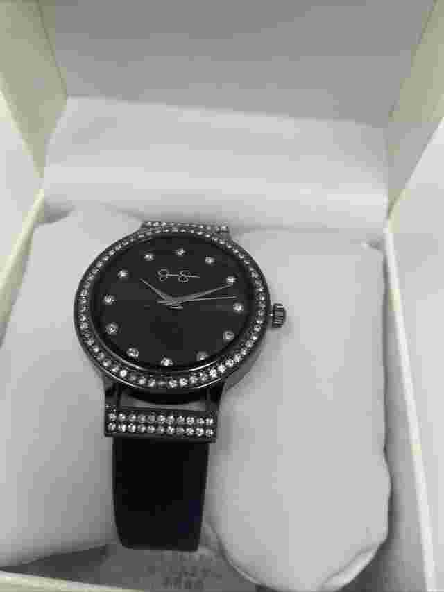 Jessica Simpson Ladies Rhinestone Watch Black Dial Black Band No Battery