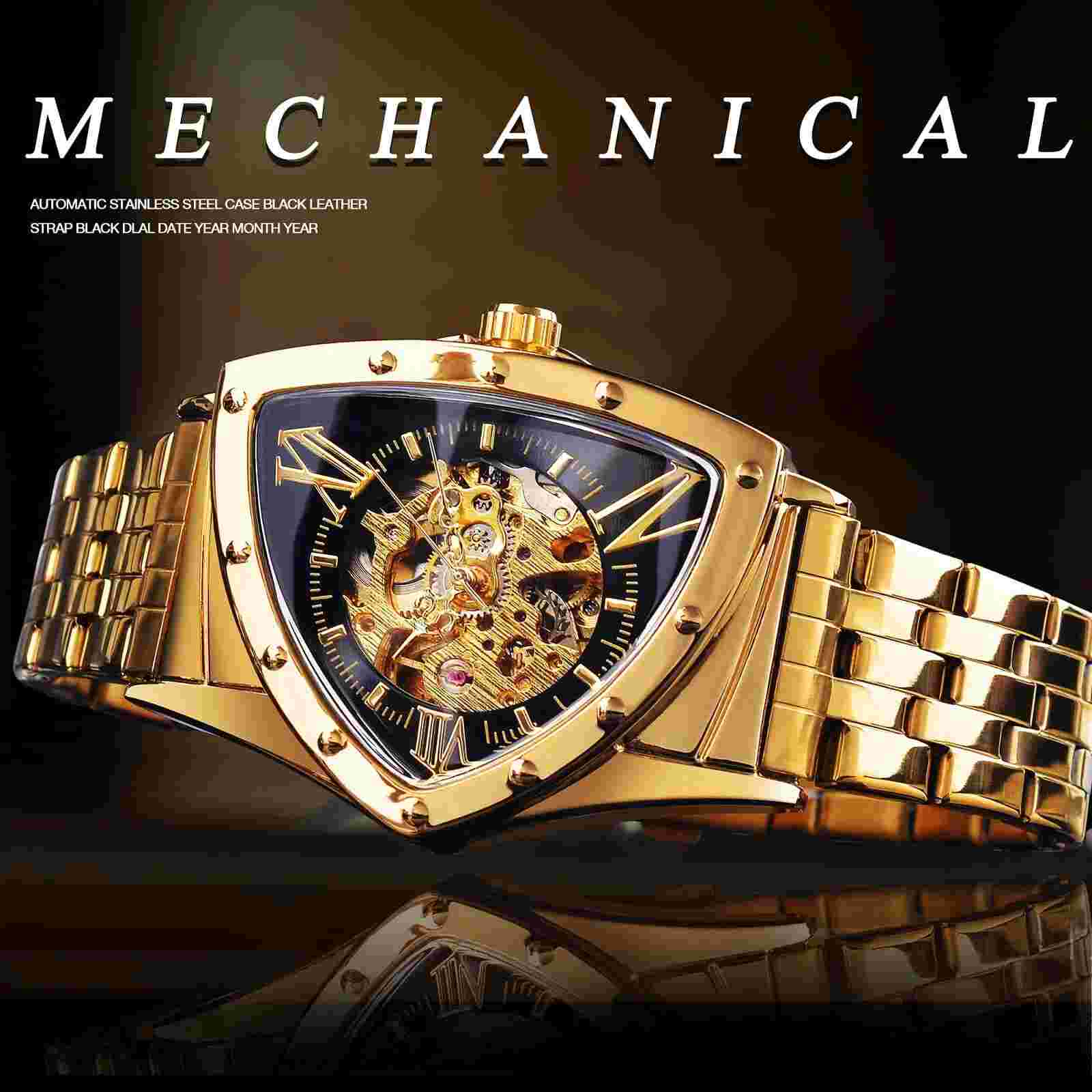FORSINING Triangle Skeleton Men's Automatic Mechanical Analog Watch Luxury Gold