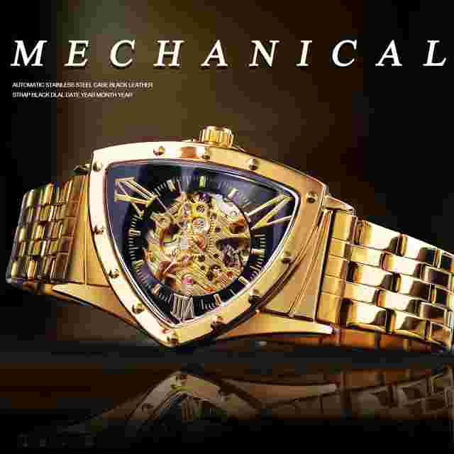 FORSINING Triangle Skeleton Men's Automatic Mechanical Analog Watch Luxury Gold