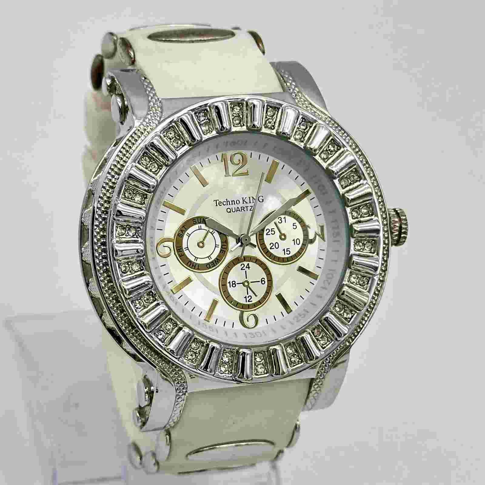 Men's TECHNO KING Oversized 55mm Bling Watch, Silver Tone, Crystals Quartz 5792G