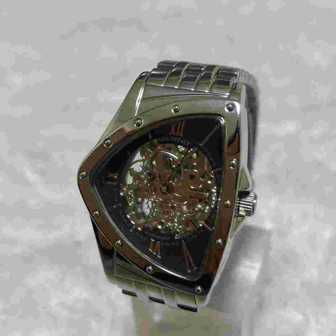 COGU Automatic Watch Triangle Case Skeleton Dial Silver/Black, Open Heart