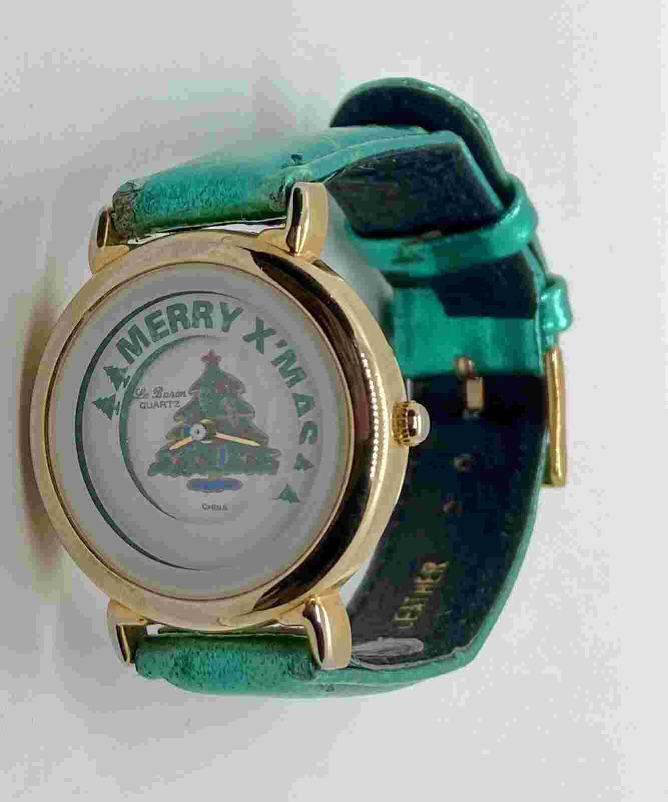 VTG LE BARON Ladies Watch New Battery Merry Christmas Revolving Trees Leather