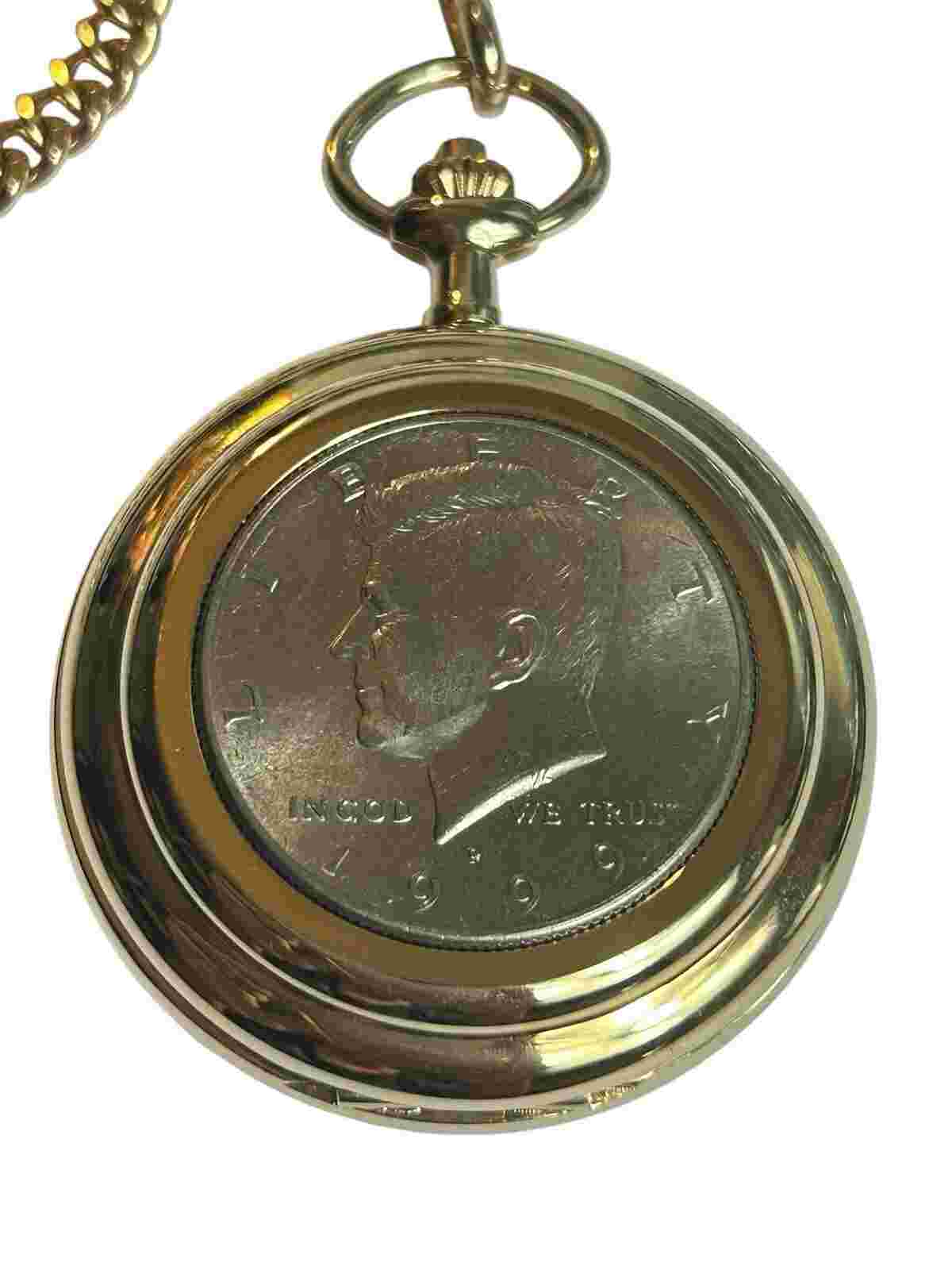 Colibri Pocket Watch 1999 JFK Half Dollar Coin Gold Tone Engraved Vintage Chain