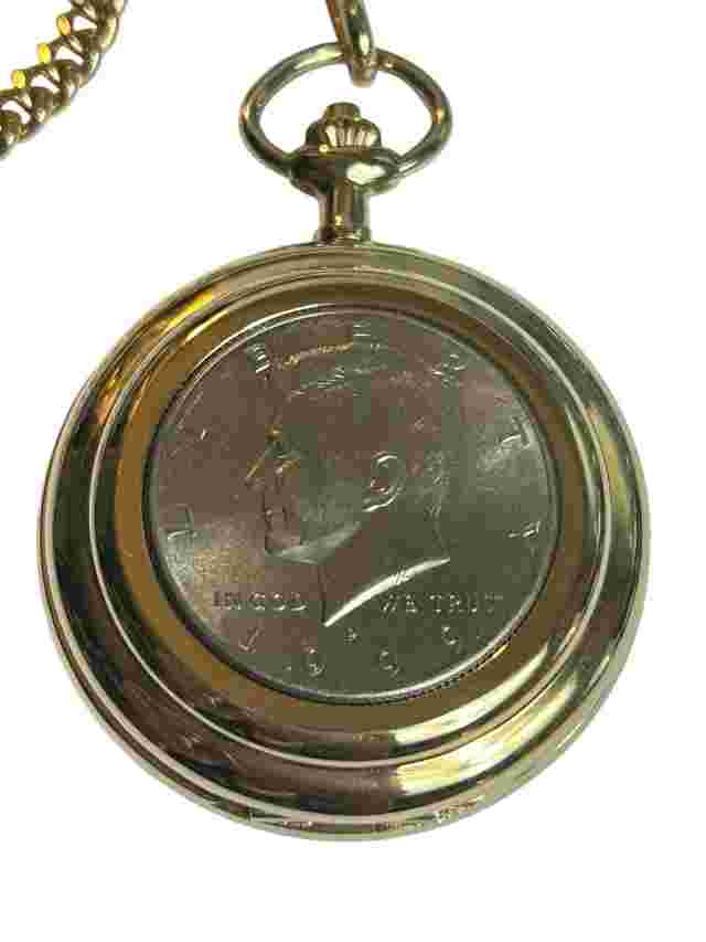 Colibri Pocket Watch 1999 JFK Half Dollar Coin Gold Tone Engraved Vintage Chain