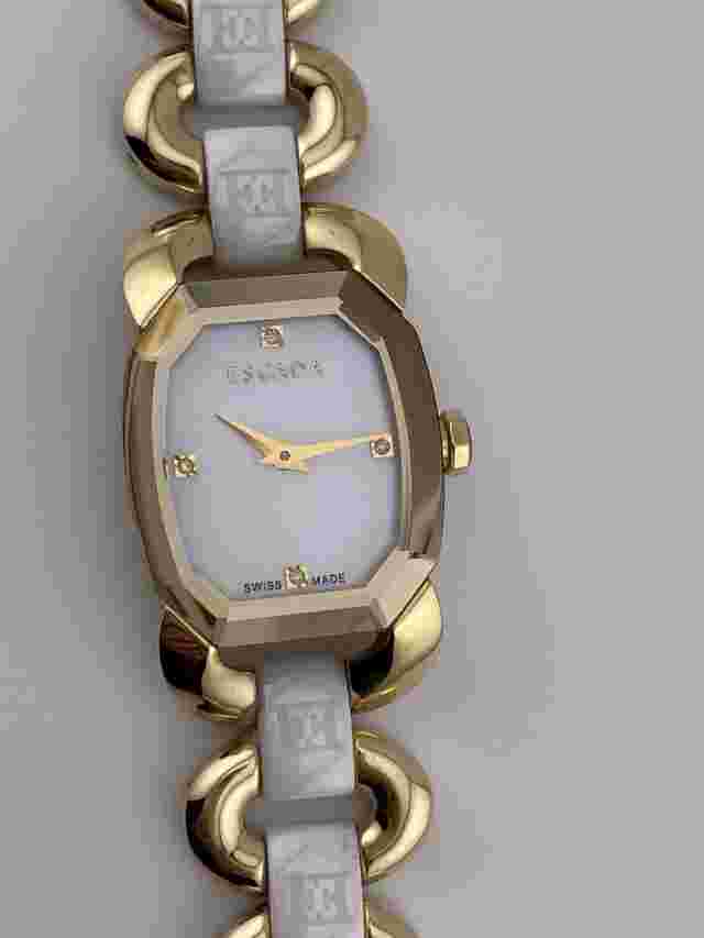 Escada Charlene Gold White Tone Diamond Mark Swiss Made Watch Elegant Octagonal