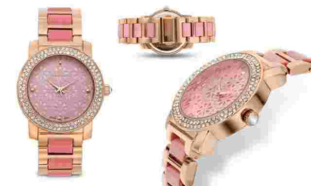 NEW Jeanneret 4967A Women's Rosa Flower Dial Crystal Bezel Pink/Rose Gold Watch