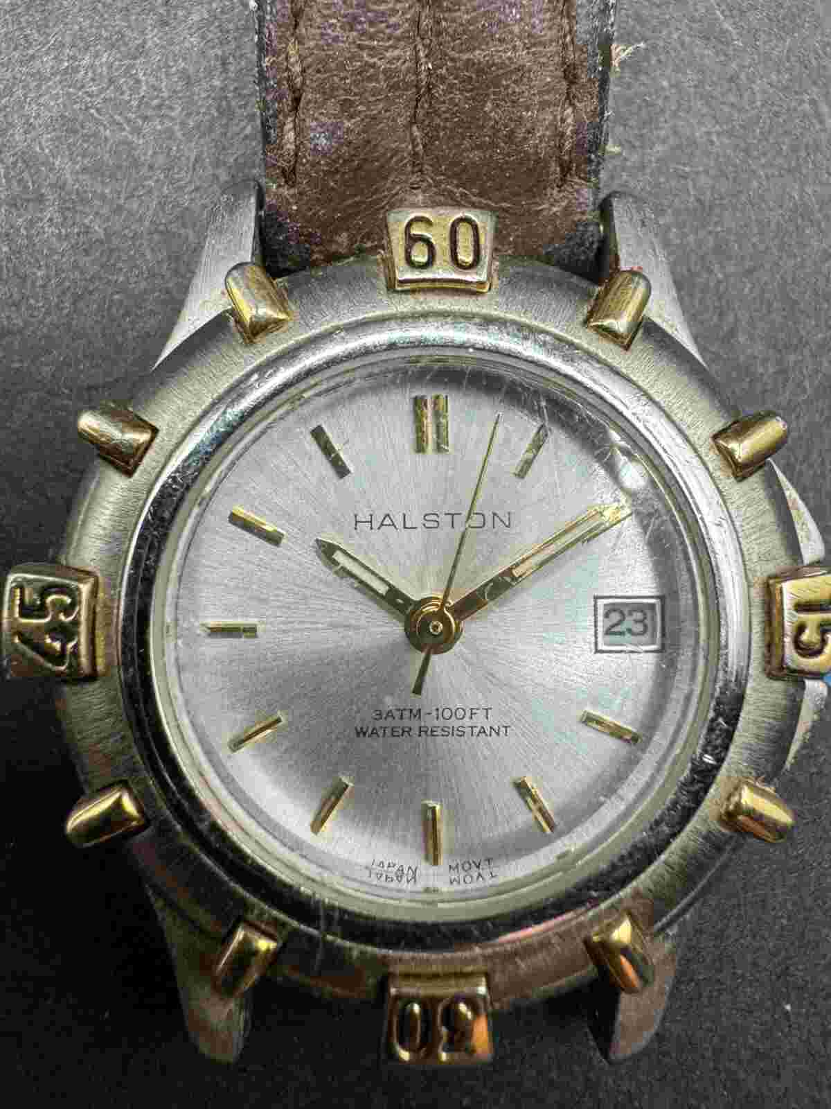 Vtg Halston Men’s Gold Tone Quartz Watch 293-2015 Swiss Mov't For Parts/Repair