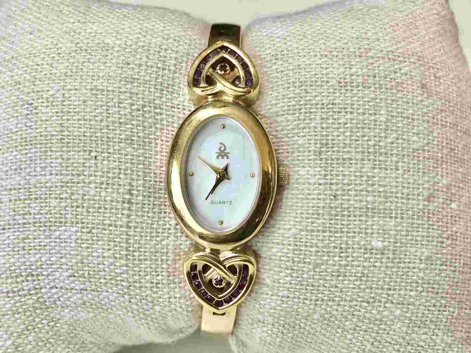 DANBURY MINT LADIES WATCH MOTHER OF PEARL HEART RUBY GOLD TONE 6.25”