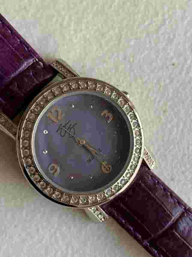 Suzanne Somers Crystal Watch Pave Bezel Round Japan Movement Purple Leather Band