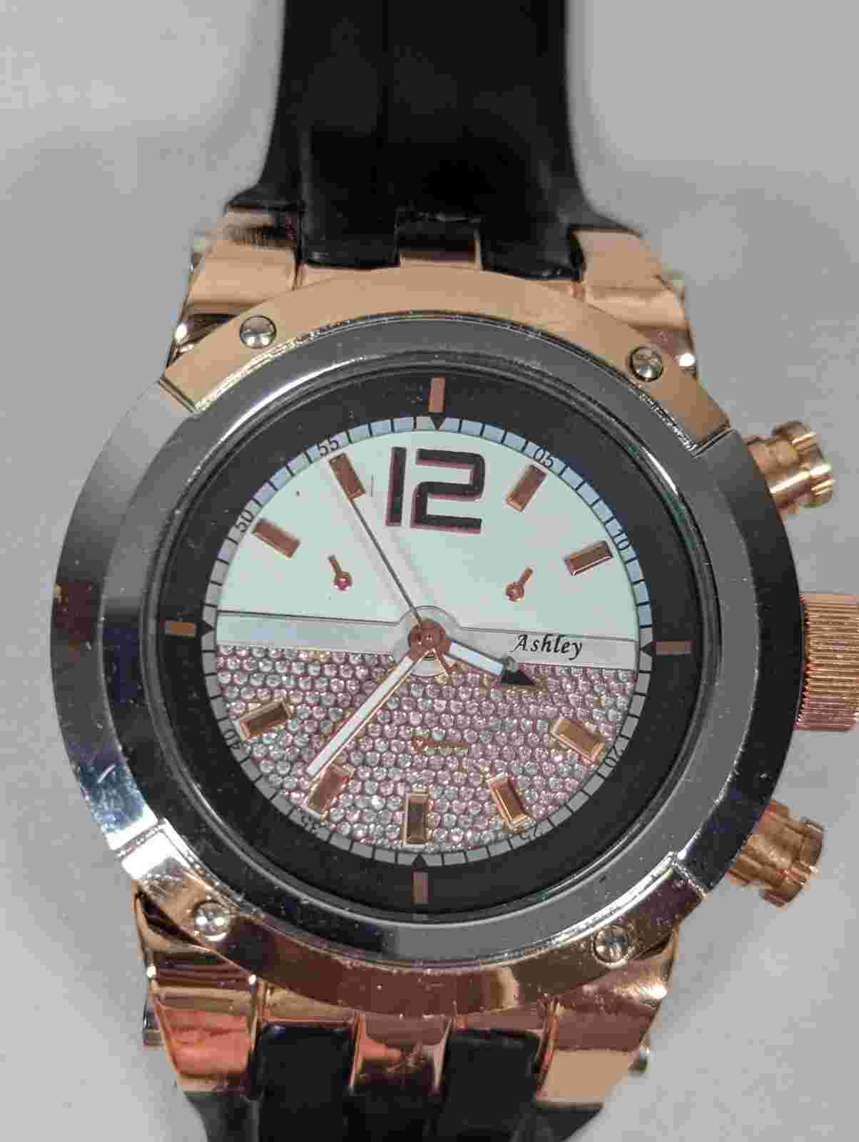 Ashley Princess Rose Gold Tone Round Case Black Silicone Band Watch 8.5 Inch