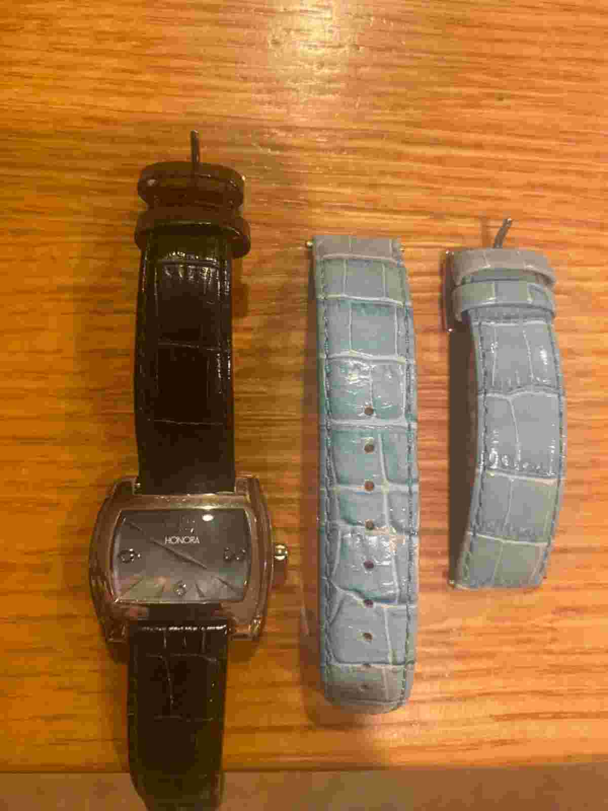 Honora Ladies Watch - Mother of Pearl Face with Black and Blue Croco Bands