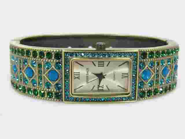 HEIDI DAUS "Double Trouble" Crystal Hinged Bangle Watch - Green/Small