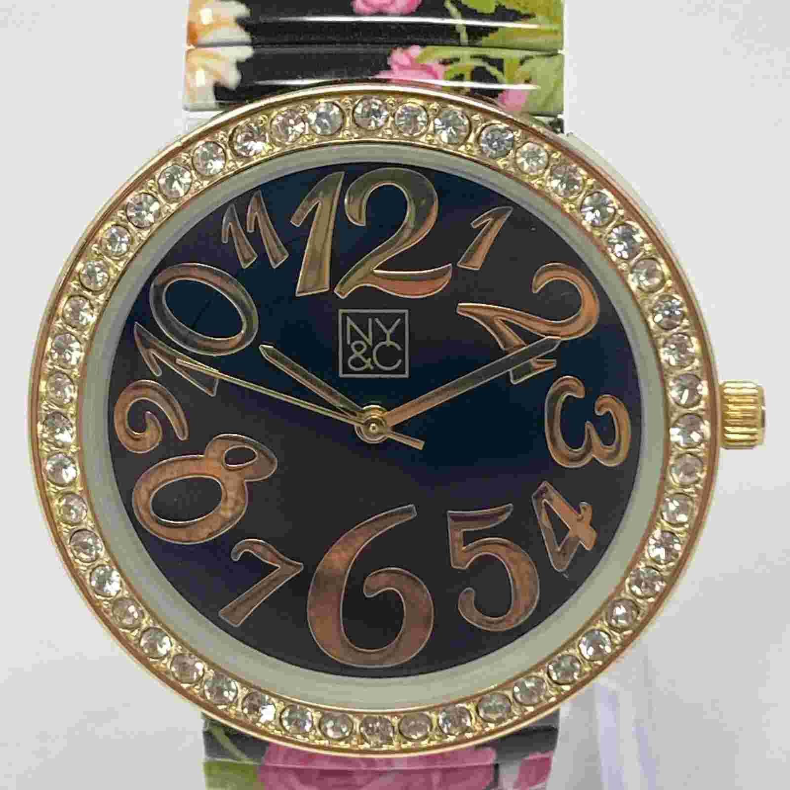 NY&C Watch Women 40mm Gold Tone Floral Stretch Band Black Dial Bling New Battery