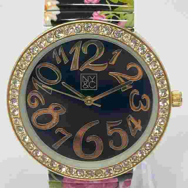 NY&C Watch Women 40mm Gold Tone Floral Stretch Band Black Dial Bling New Battery