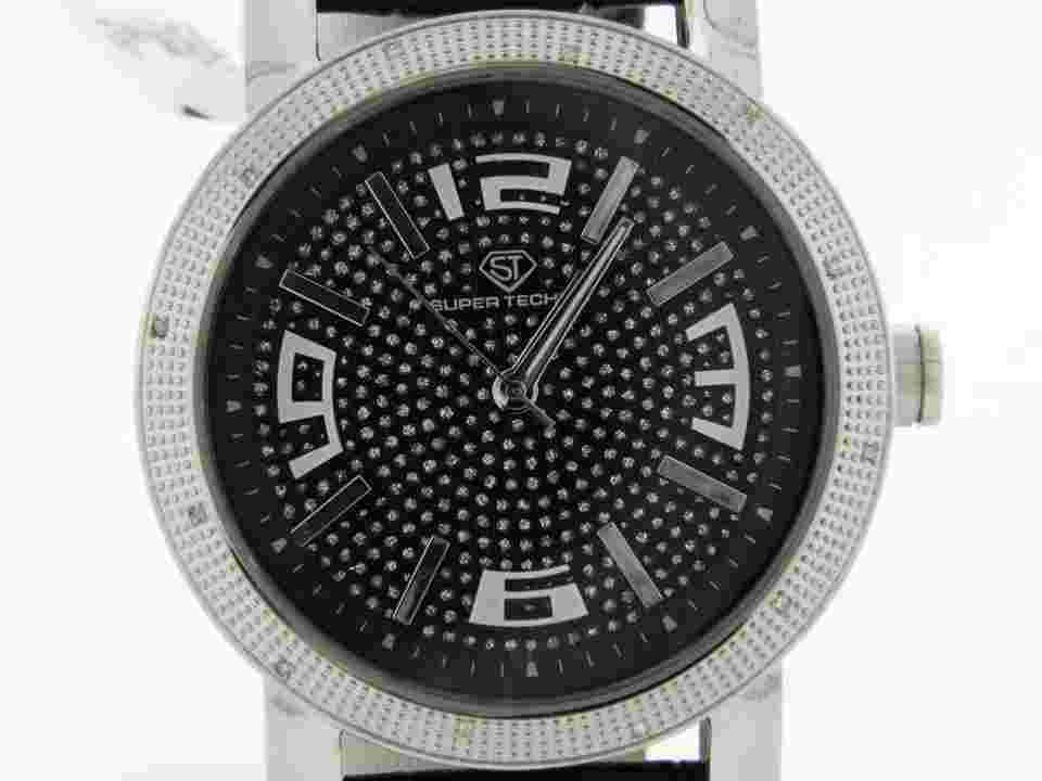 Super Techno's I-5292 Men's Diamond Stainless Steel Black Leather Quartz Watch