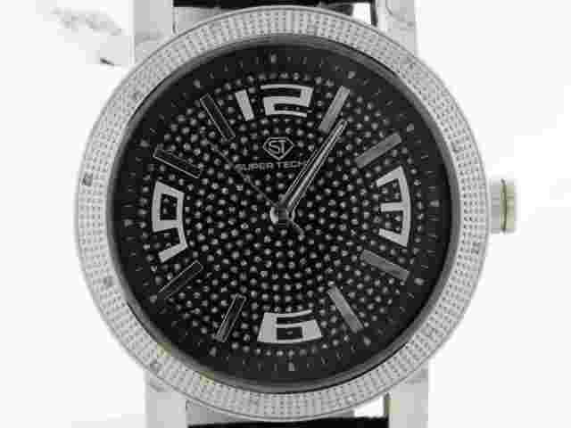 Super Techno's I-5292 Men's Diamond Stainless Steel Black Leather Quartz Watch