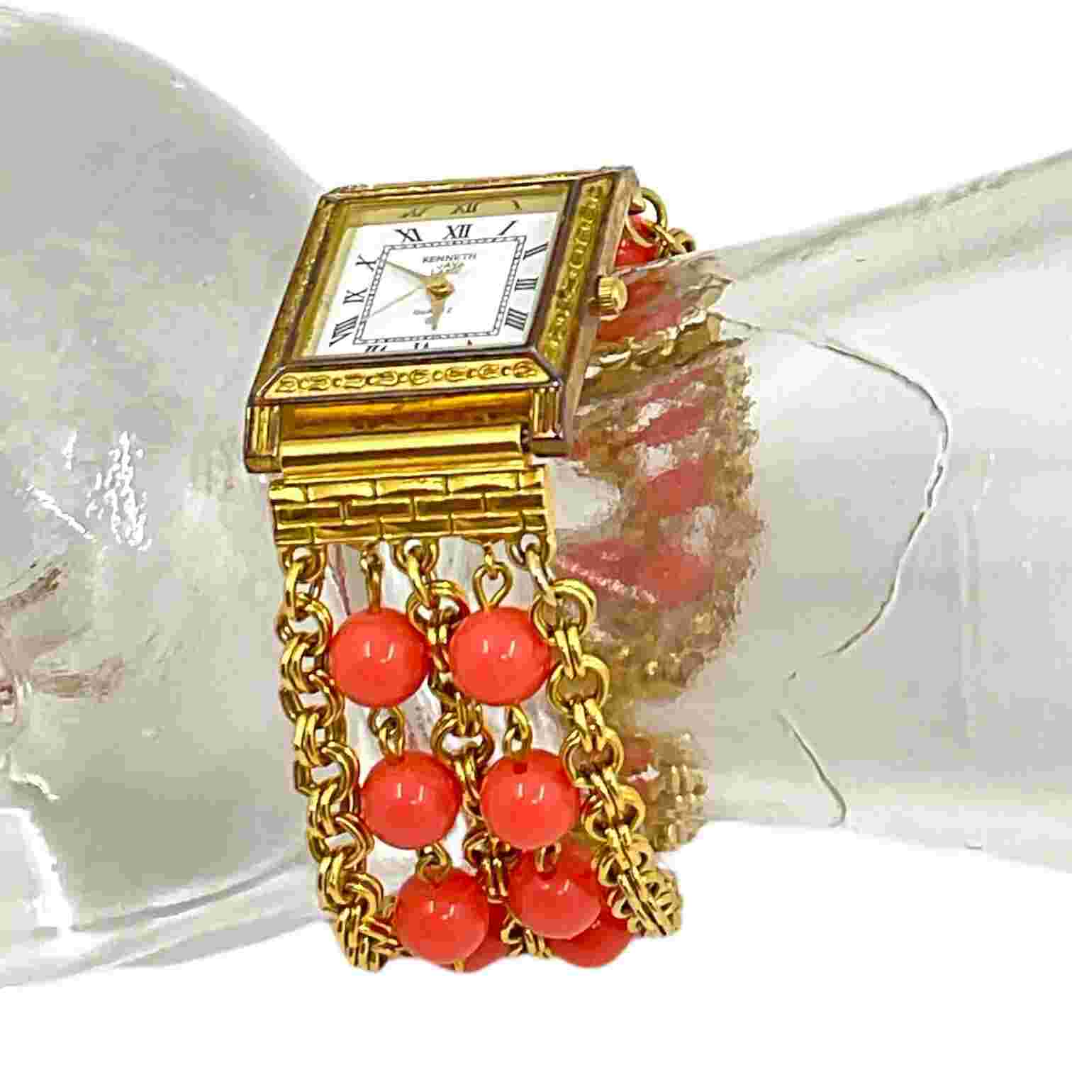 VTG Kenneth J Lane Gold Tone Watch Removable Faux Coral Beads New Battery Works
