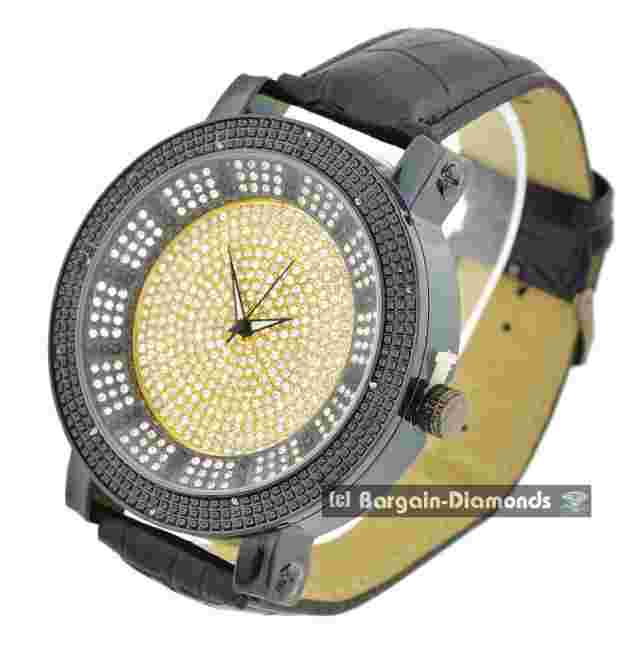 Mens Big 60mm Natural Diamond Black Clubbing Watch Gold CZs Dial 10" Leather